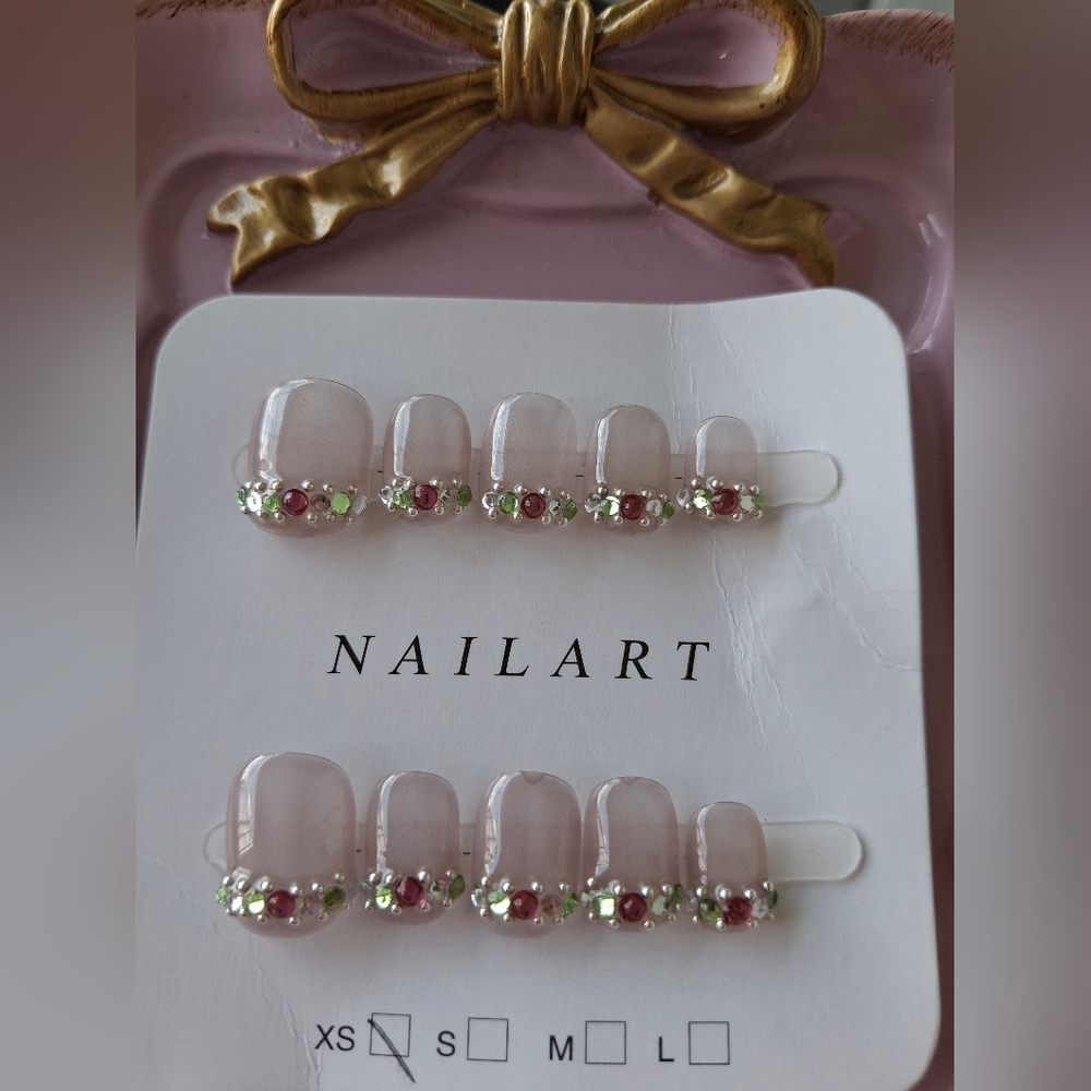 Pink and Green Press-On Nails Size XS Extra Small